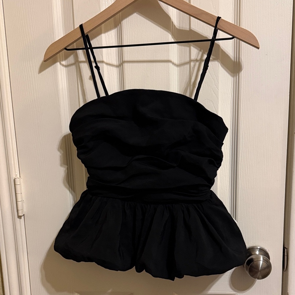 Black Ruched Peplum Spaghetti Strap Top - Women